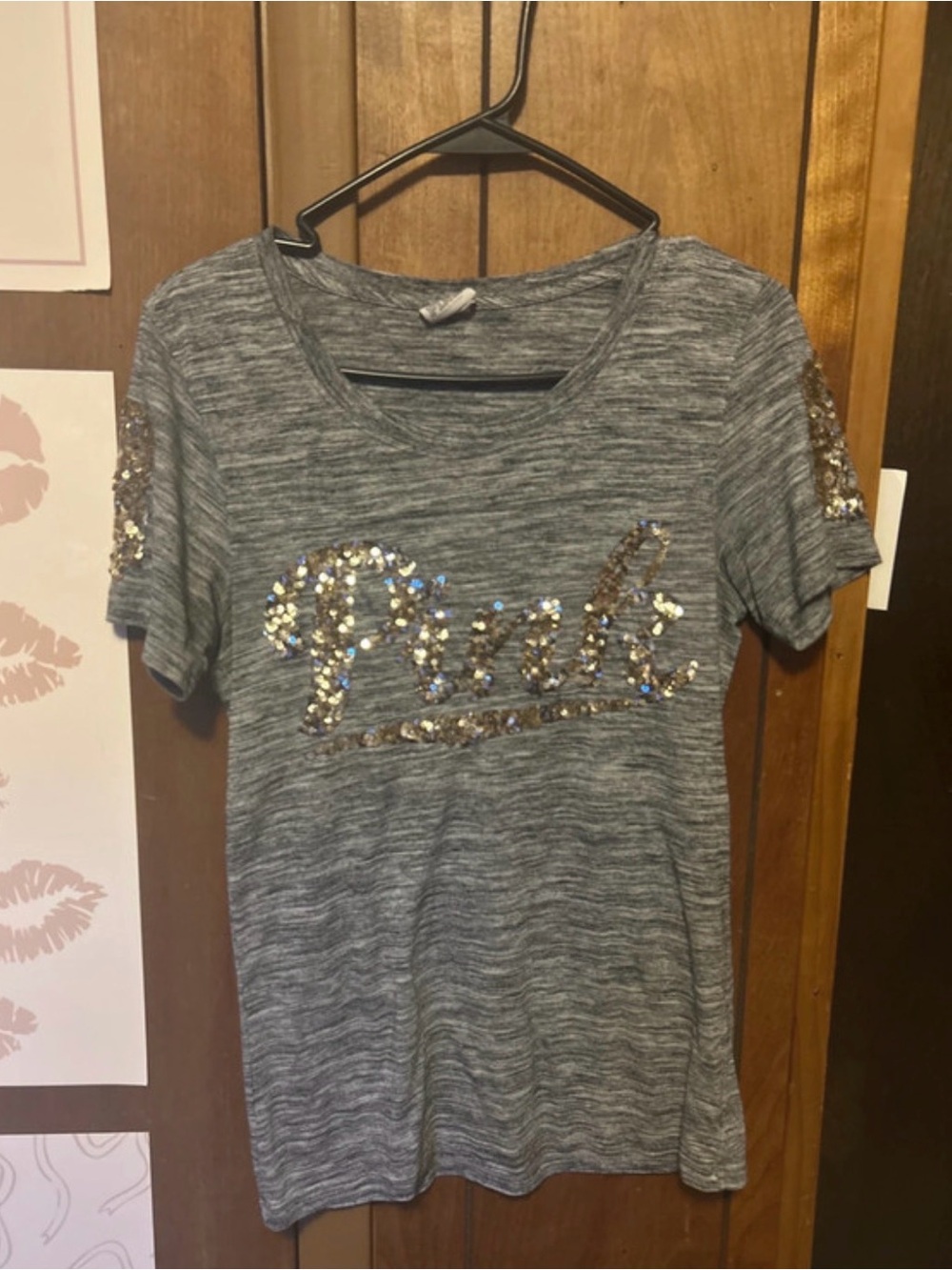 PINK Victoria's Secret Gray Sequin Script Short Sleeve Tee
